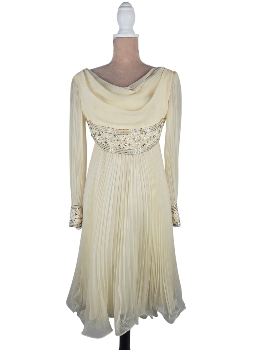 Vintage 60s Jack Bryan Designed by Dupuis Beaded Cowl Neck Dress Cream Size 8
